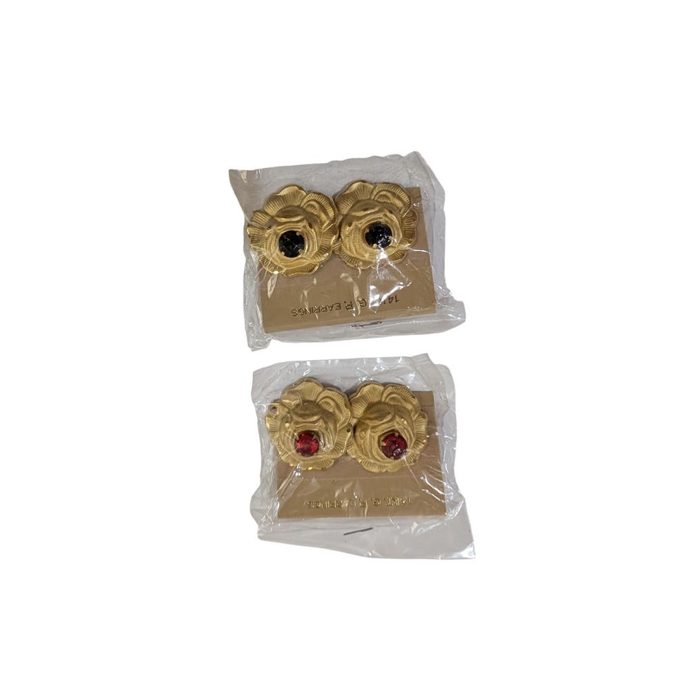 Vintage 14KT Gold Plated Rose Stud Earrings Red Black Rhinestone Lot of 2 Pairs